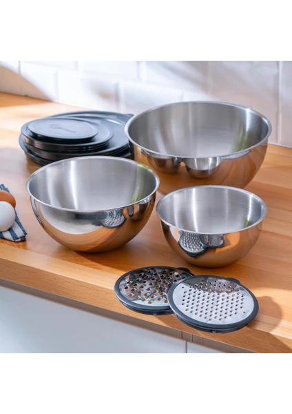Karat Çelik 9 Parça Rendeli Karıştırma Kabı - 16/20/24 cm